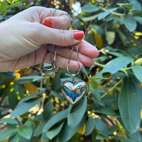 Vintage Silver Enormous Puffy Heart Pendant Chain Necklace 30" - Picture 4 of 5